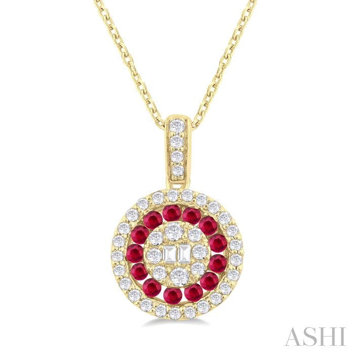 1.35 MM Round Shape Ruby and 1/4 Ctw Baguette and Round Cut Diamond Precious Pendant With Chain in 14K Yellow Gold