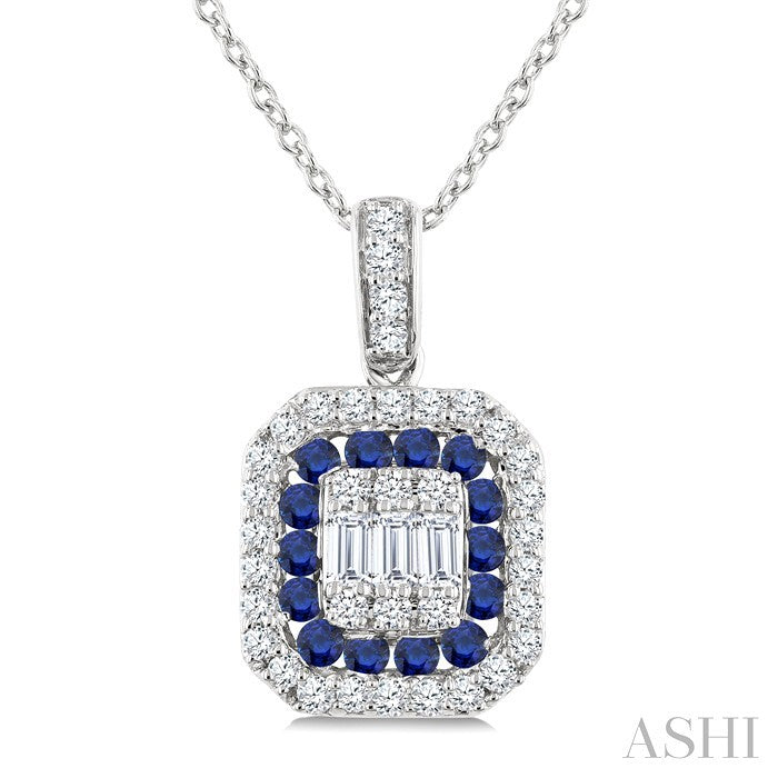 1/4 Ctw Octagonal Shape 1.45MM Round Cut Sapphire, Baguette and Round Cut Diamond Precious Fusion Pendant With Chain in 14K White Gold
