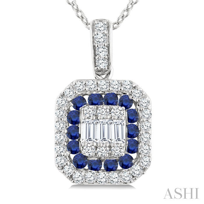 1/4 Ctw Octagonal Shape 1.45MM Round Cut Sapphire, Baguette and Round Cut Diamond Precious Fusion Pendant With Chain in 14K White Gold