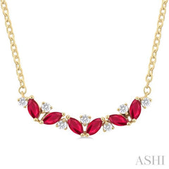 4X2 MM Marquise Cut Ruby and 1/6 Ctw Zig-Zag Round Cut Diamond Precious Necklace in 14K Yellow Gold