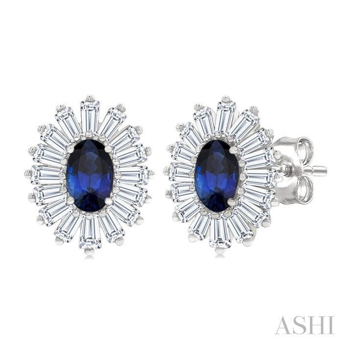 1/2 Ctw 5X3MM Oval Cut Sapphire and Baguette Cut Diamond Halo Precious Stud Earring in 14K White Gold