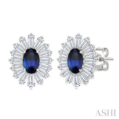 1/2 Ctw 5X3MM Oval Cut Sapphire and Baguette Cut Diamond Halo Precious Stud Earring in 14K White Gold