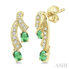 4x3 MM Oval Cut Emerald and 1/5 Ctw Round Cut Diamond Precious Earrings in 14K Yellow Gold