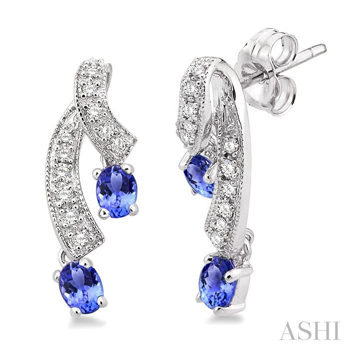 4x3 MM Oval Cut Tanzanite and 1/5 Ctw Round Cut Diamond Precious Earrings in 14K White Gold