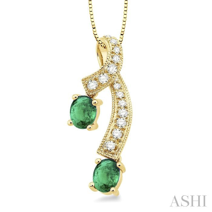 5x4 MM Oval Cut Emerald and 1/6 Ctw Round Cut Diamond Precious Pendant in 14K Yellow Gold with Chain