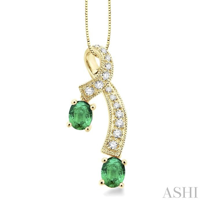 5x4 MM Oval Cut Emerald and 1/6 Ctw Round Cut Diamond Precious Pendant in 14K Yellow Gold with Chain