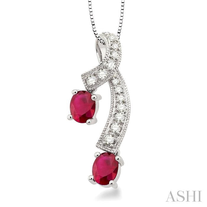 5x4 MM Oval Cut Ruby and 1/6 Ctw Round Cut Diamond Precious Pendant in 14K White Gold with Chain