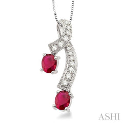 5x4 MM Oval Cut Ruby and 1/6 Ctw Round Cut Diamond Precious Pendant in 14K White Gold with Chain