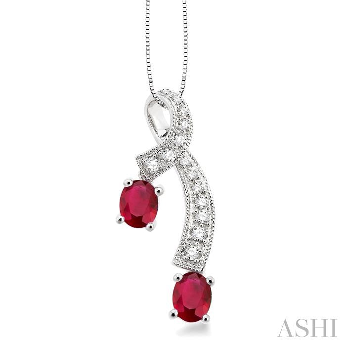 5x4 MM Oval Cut Ruby and 1/6 Ctw Round Cut Diamond Precious Pendant in 14K White Gold with Chain
