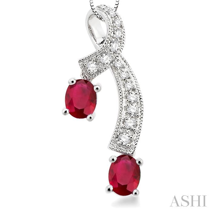 5x4 MM Oval Cut Ruby and 1/6 Ctw Round Cut Diamond Precious Pendant in 14K White Gold with Chain