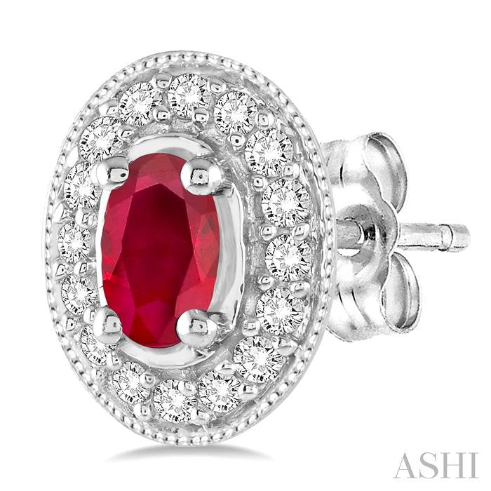 5x3 MM Oval Cut Ruby and 1/4 Ctw Round Cut Diamond Earrings in 14K White Gold
