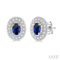 5x3 MM Oval Cut Sapphire and 1/4 Ctw Round Cut Diamond Earrings in 14K White Gold