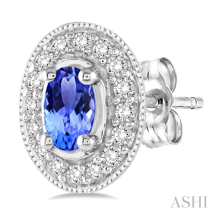 5x3 MM Oval Cut Tanzanite and 1/4 Ctw Round Cut Diamond Earrings in 14K White Gold