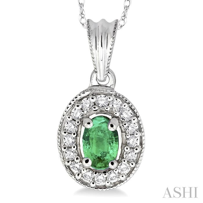 6x4 MM Oval Cut Emerald and 1/5 Ctw Round Cut Diamond Pendant in 14K White Gold with Chain