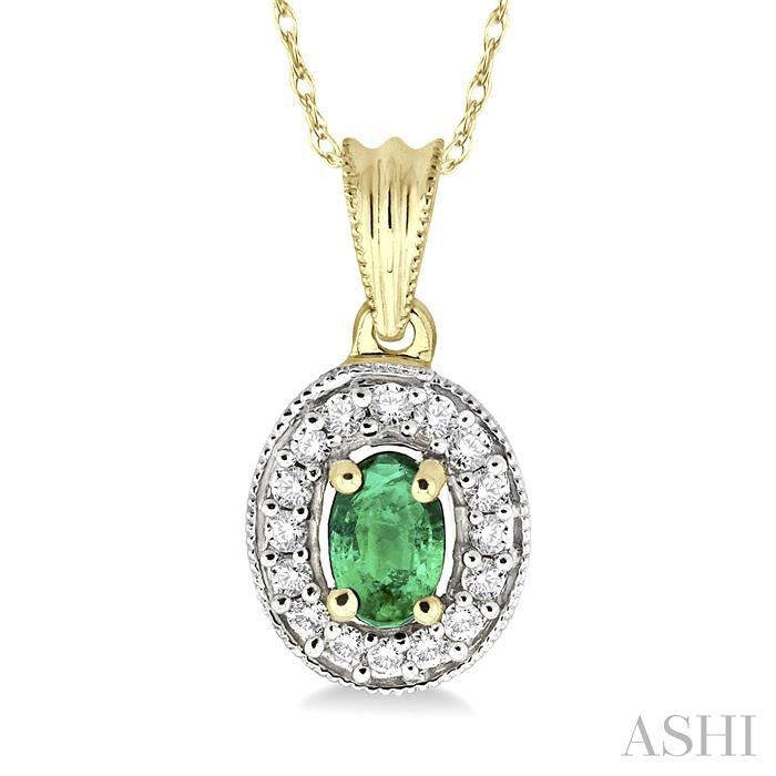 6x4 MM Oval Cut Emerald and 1/5 Ctw Round Cut Diamond Pendant in 14K Yellow Gold with Chain