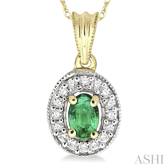 6x4 MM Oval Cut Emerald and 1/5 Ctw Round Cut Diamond Pendant in 14K Yellow Gold with Chain