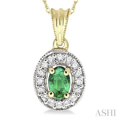 6x4 MM Oval Cut Emerald and 1/5 Ctw Round Cut Diamond Pendant in 14K Yellow Gold with Chain