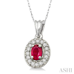 6x4 MM Oval Cut Ruby and 1/5 Ctw Round Cut Diamond Pendant in 14K White Gold with Chain