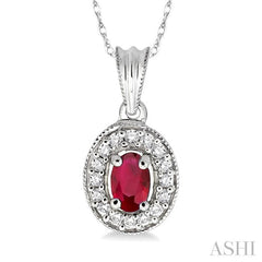 6x4 MM Oval Cut Ruby and 1/5 Ctw Round Cut Diamond Pendant in 14K White Gold with Chain