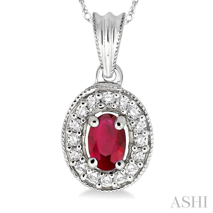 6x4 MM Oval Cut Ruby and 1/5 Ctw Round Cut Diamond Pendant in 14K White Gold with Chain