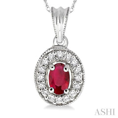 6x4 MM Oval Cut Ruby and 1/5 Ctw Round Cut Diamond Pendant in 14K White Gold with Chain