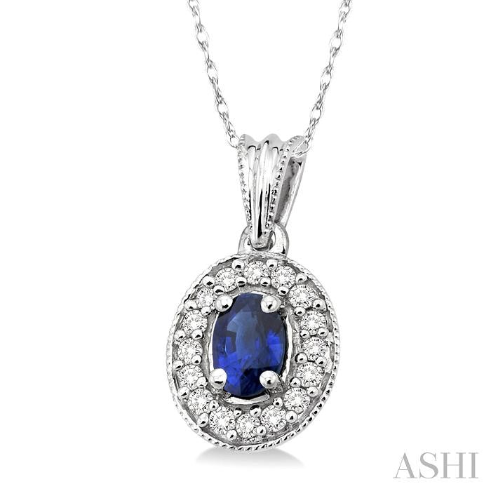 6x4 MM Oval Cut Sapphire and 1/5 Ctw Round Cut Diamond Pendant in 14K White Gold with Chain