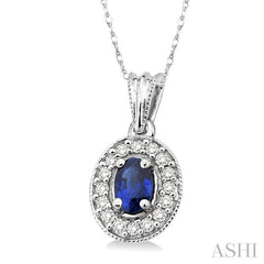 6x4 MM Oval Cut Sapphire and 1/5 Ctw Round Cut Diamond Pendant in 14K White Gold with Chain