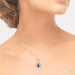 6x4 MM Oval Cut Sapphire and 1/5 Ctw Round Cut Diamond Pendant in 14K White Gold with Chain