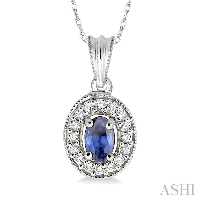 6x4 MM Oval Cut Sapphire and 1/5 Ctw Round Cut Diamond Pendant in 14K White Gold with Chain