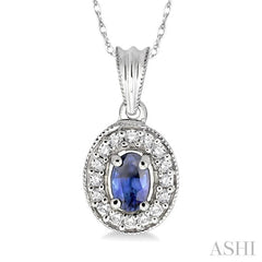 6x4 MM Oval Cut Sapphire and 1/5 Ctw Round Cut Diamond Pendant in 14K White Gold with Chain