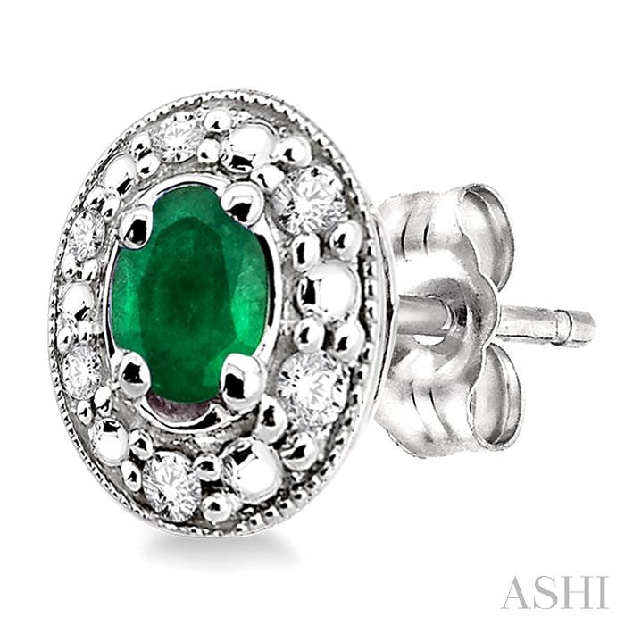 4x3 MM Oval Shaped Emerald and 1/10 Ctw Round Cut Diamond Earrings in 14K White Gold