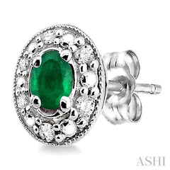 4x3 MM Oval Shaped Emerald and 1/10 Ctw Round Cut Diamond Earrings in 14K White Gold