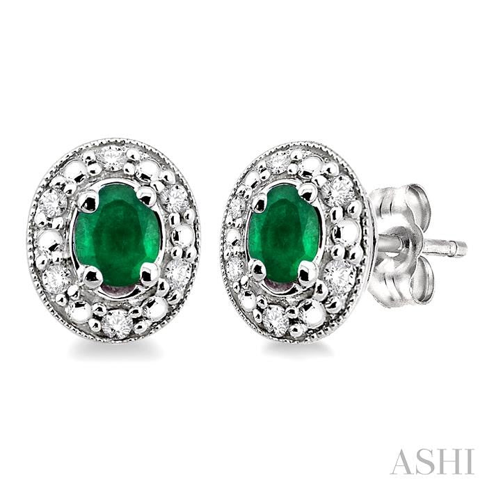 4x3 MM Oval Shaped Emerald and 1/10 Ctw Round Cut Diamond Earrings in 14K White Gold