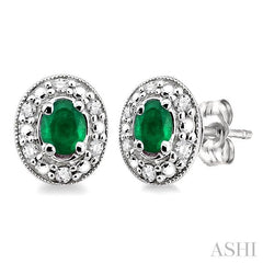 4x3 MM Oval Shaped Emerald and 1/10 Ctw Round Cut Diamond Earrings in 14K White Gold
