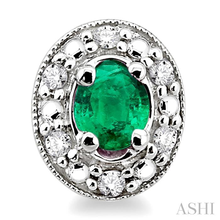 4x3 MM Oval Shaped Emerald and 1/10 Ctw Round Cut Diamond Earrings in 14K White Gold