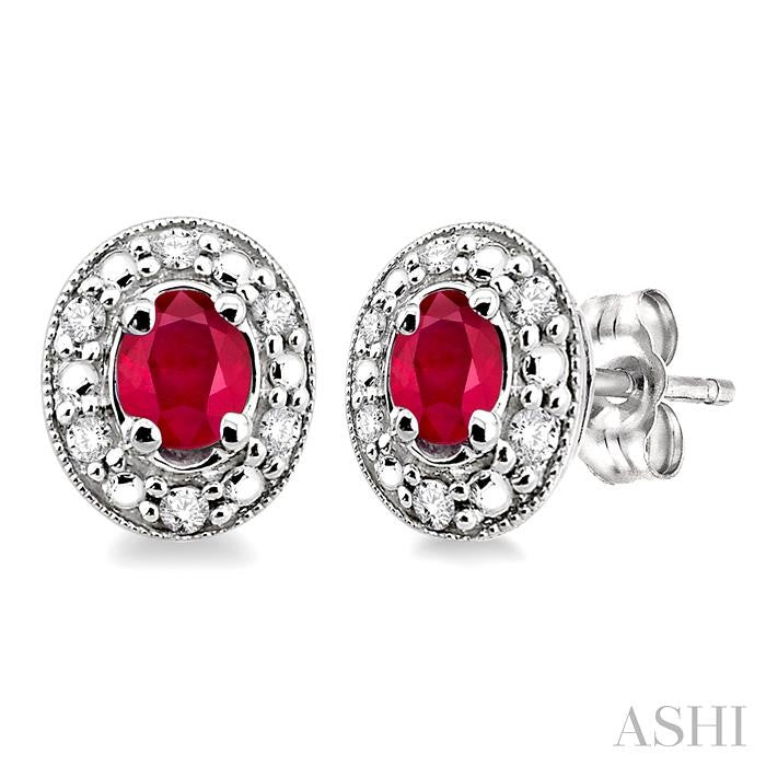 4x3 MM Oval Shaped Ruby and 1/10 Ctw Round Cut Diamond Earrings in 14K White Gold