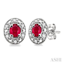 4x3 MM Oval Shaped Ruby and 1/10 Ctw Round Cut Diamond Earrings in 14K White Gold