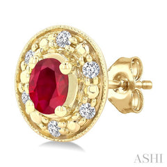 4x3 MM Oval Shaped Ruby and 1/10 Ctw Round Cut Diamond Earrings in 14K Yellow Gold