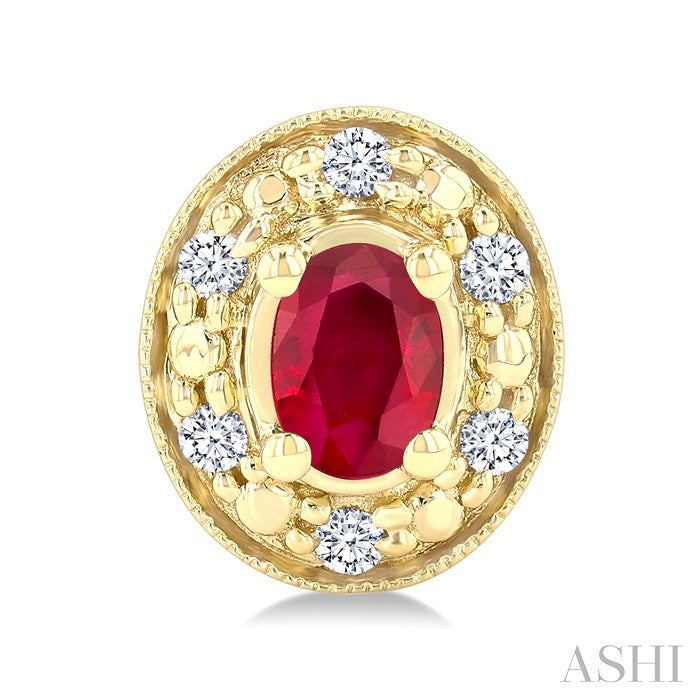 4x3 MM Oval Shaped Ruby and 1/10 Ctw Round Cut Diamond Earrings in 14K Yellow Gold