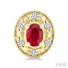 4x3 MM Oval Shaped Ruby and 1/10 Ctw Round Cut Diamond Earrings in 14K Yellow Gold