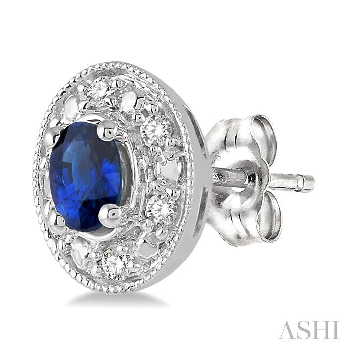 4x3 MM Oval Shaped Sapphire and 1/10 Ctw Round Cut Diamond Earrings in 14K White Gold