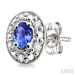 4x3 MM Oval Shaped Tanzanite and 1/10 Ctw Round Cut Diamond Earrings in 14K White Gold