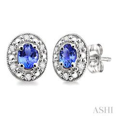 4x3 MM Oval Shaped Tanzanite and 1/10 Ctw Round Cut Diamond Earrings in 14K White Gold