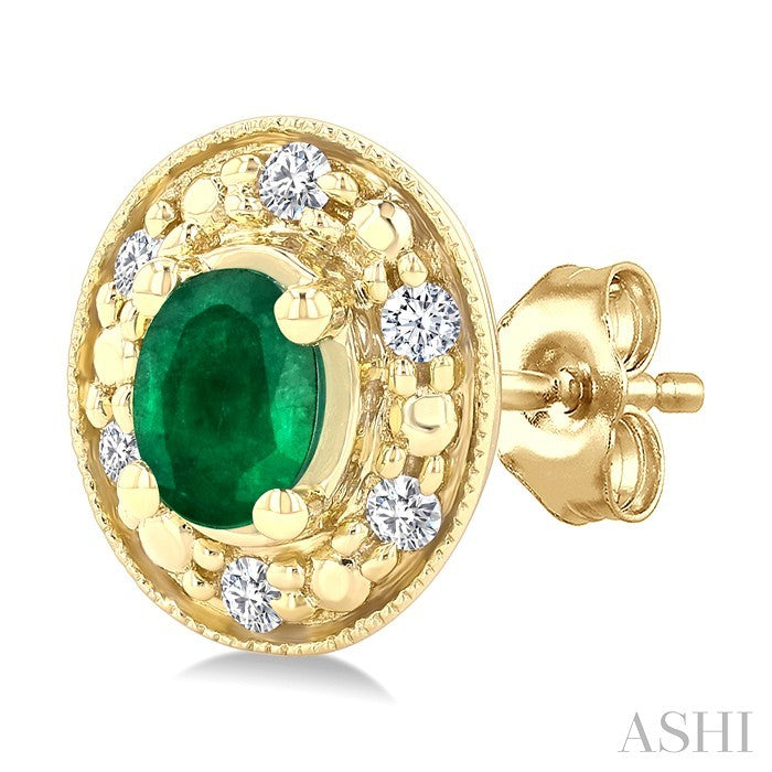 4x3 MM Oval Shaped Emerald and 1/10 Ctw Round Cut Diamond Earrings in 10K Yellow Gold