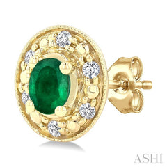4x3 MM Oval Shaped Emerald and 1/10 Ctw Round Cut Diamond Earrings in 10K Yellow Gold
