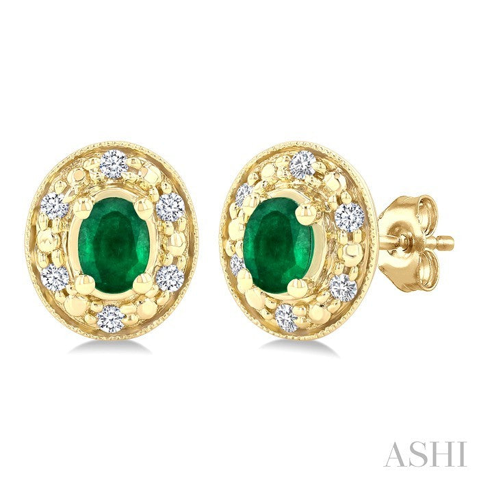 4x3 MM Oval Shaped Emerald and 1/10 Ctw Round Cut Diamond Earrings in 10K Yellow Gold