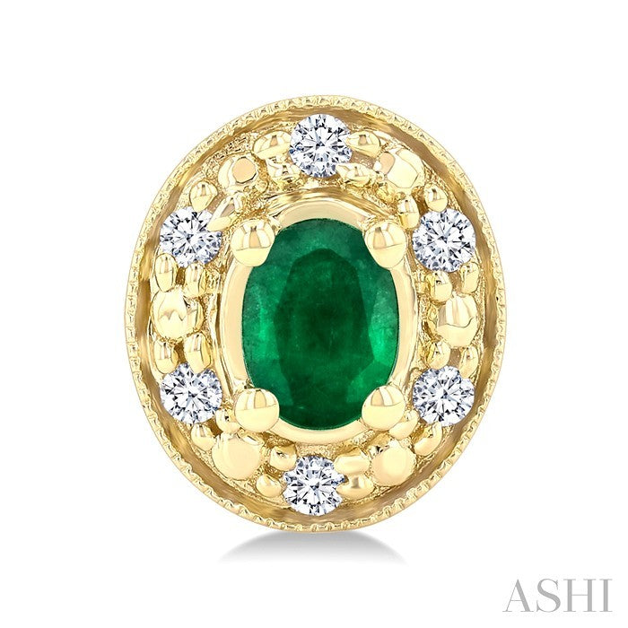 4x3 MM Oval Shaped Emerald and 1/10 Ctw Round Cut Diamond Earrings in 10K Yellow Gold