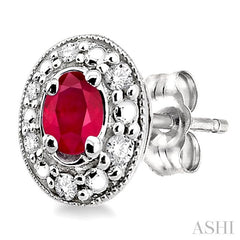 4x3 MM Oval Shaped Ruby and 1/10 Ctw Round Cut Diamond Earrings in 10K White Gold