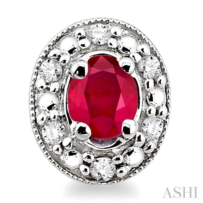4x3 MM Oval Shaped Ruby and 1/10 Ctw Round Cut Diamond Earrings in 10K White Gold