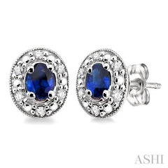 4x3 MM Oval Shaped Sapphire and 1/10 Ctw Round Cut Diamond Earrings in 10K White Gold
